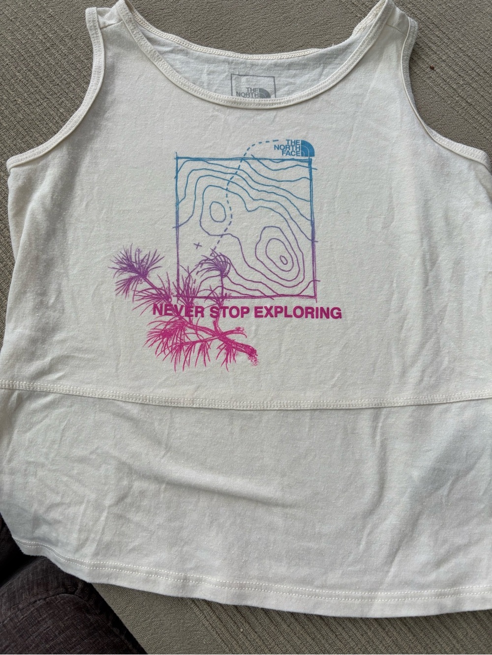 The North Face Kids White Tank Top with Blue and Pink Graphic